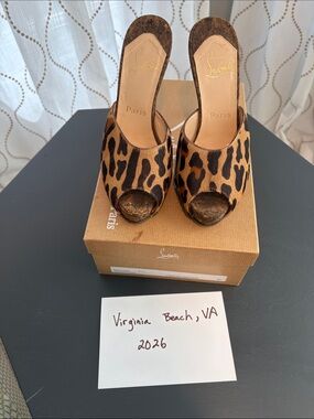 Christian Louboutin Leopard-Print Open-Toe Mule in Tan and Black